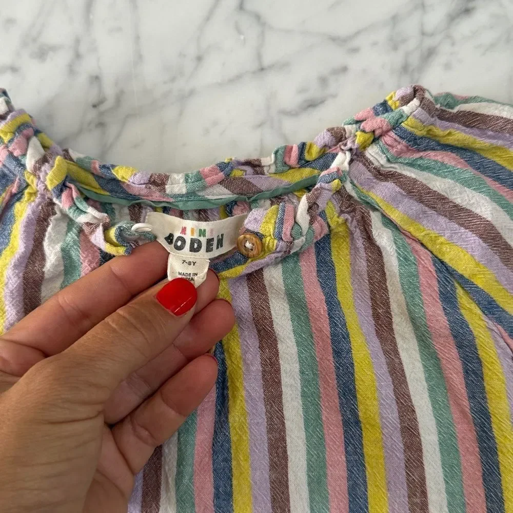 Mini Boden Girls' Linen-Blend Peasant Top Pastel Stripes Sz 7/8Y